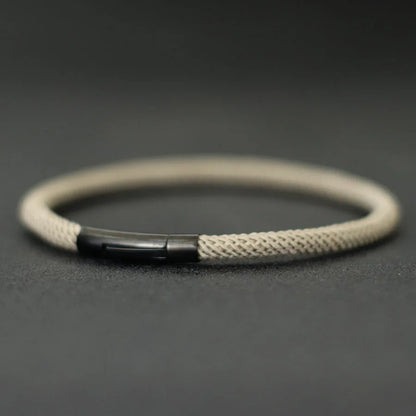 Minimalist Braided Fabric Bracelet with Secure Stainless Steel Snap Clasp Bangle, Custom Fit Khaki Woven Lucky Protection Jewelry Gift