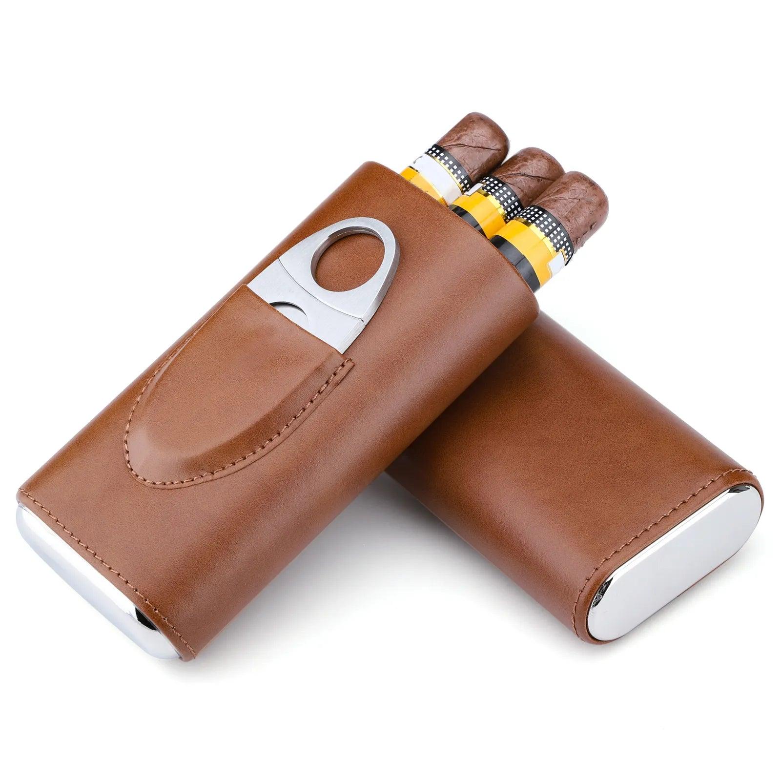 Cowhide Leather Three-Finger Portable Cigar Case with Silver Cigar Cutter - Man Gifts Shop