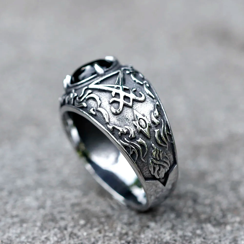 Unleash the Dark Elegance: Men's 316L Stainless Steel Vintage Lucifer Satan Ring - A Punk Rock Personality Statement in Religion Jewelry - Man Gifts Shop