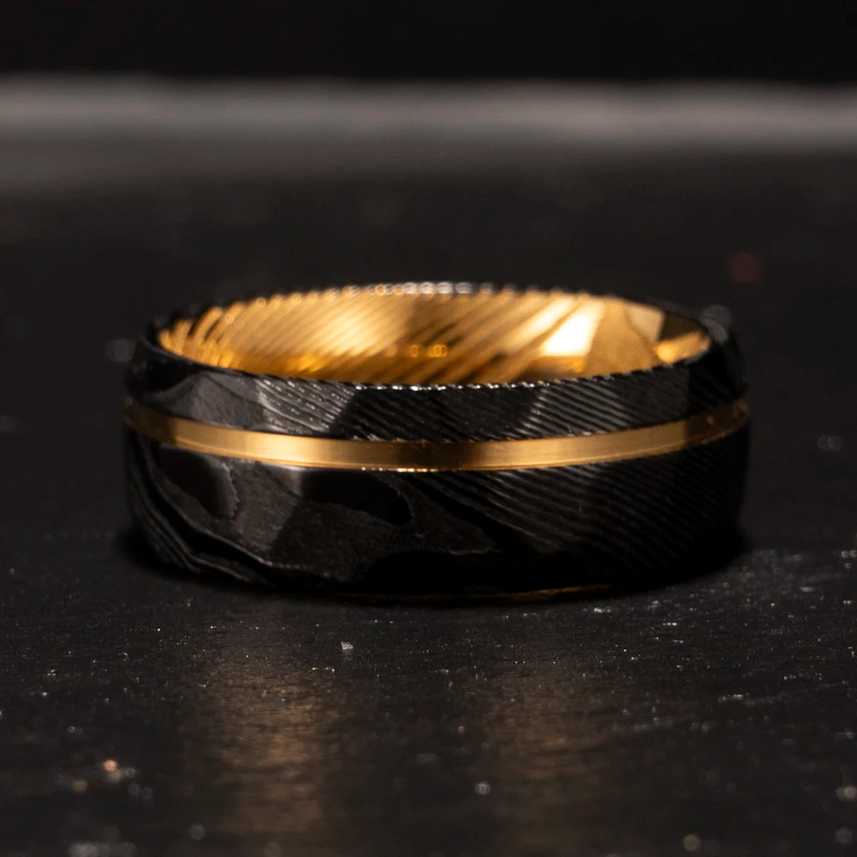 MGS Damascus Steel Ring 8mm Black With Gold-Plated Inner Layer Luxurious and Comfortable Ring