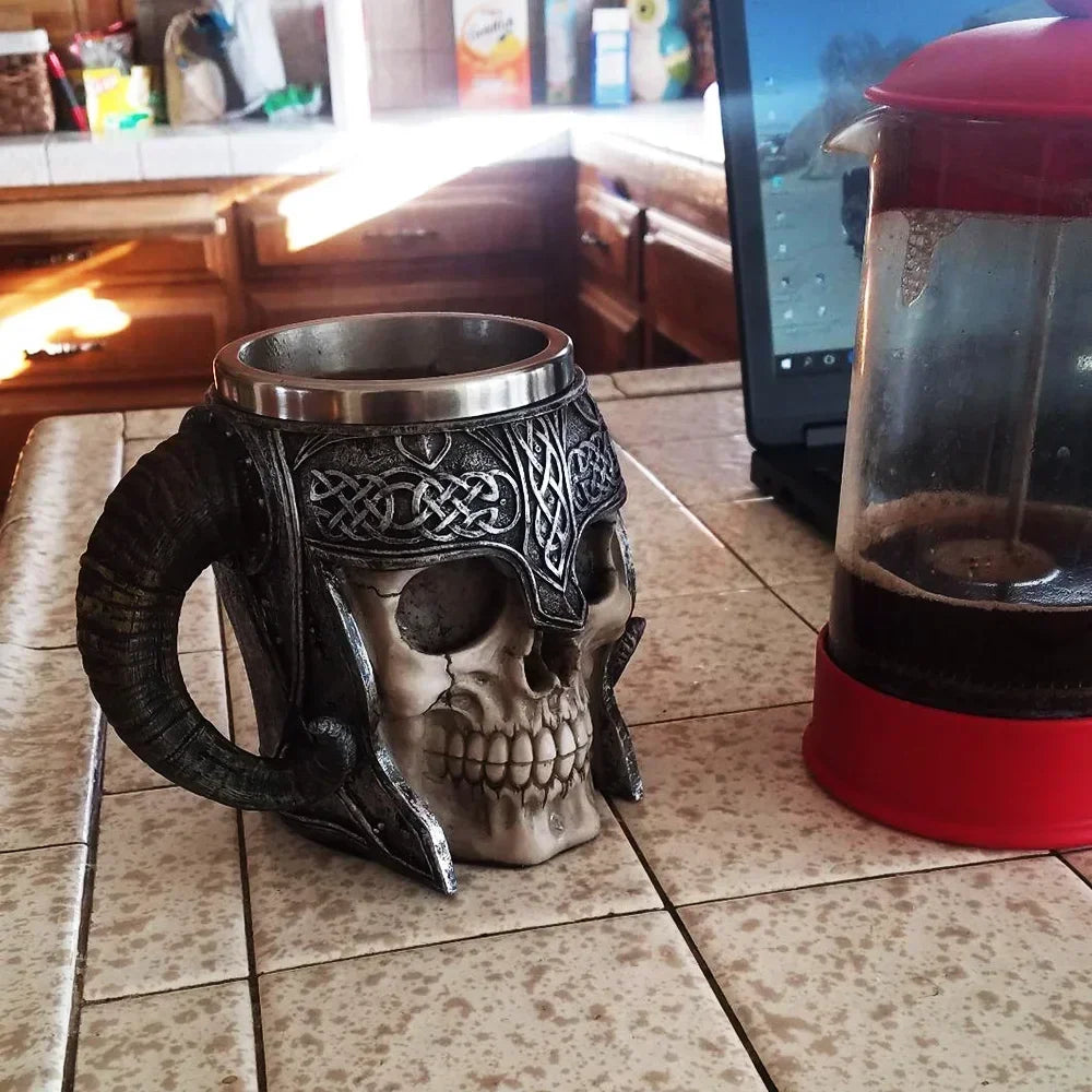 MGS Viking Skull Mug 304 Stainless Steel Ram's Horn Lord Warrior Skull Beer Mug