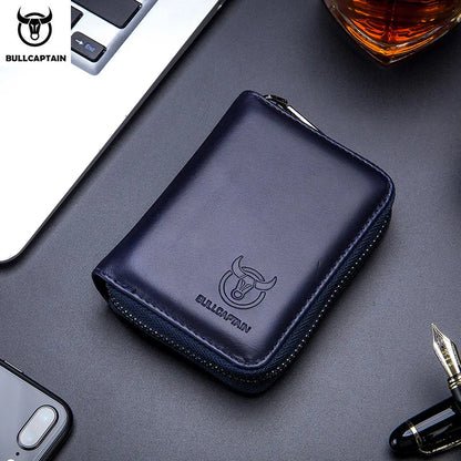 BULLCAPTAIN Genuine Leather RFID Zipper Card Holder Wallet for Men