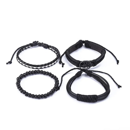 3-4pcs Vintage Leather Bracelet Set for Men – Tree of Life & Beaded Wrap Bangles