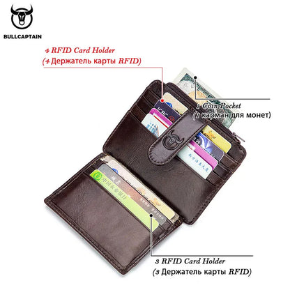 Original Bullcaptain Slim Genuine Leather RFID Card Holder with Zipper for Men