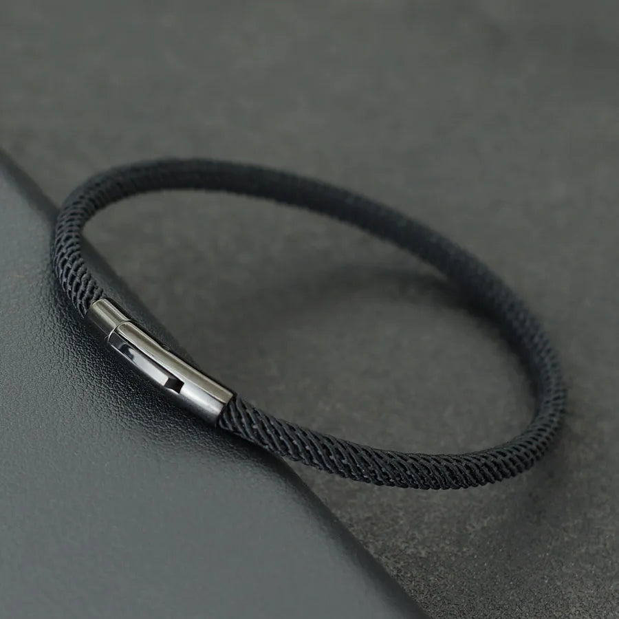 Minimalist Braided Fabric Bracelet with Secure Stainless Steel Snap Clasp Bangle, Custom Fit Black Woven Lucky Protection Jewelry Gift