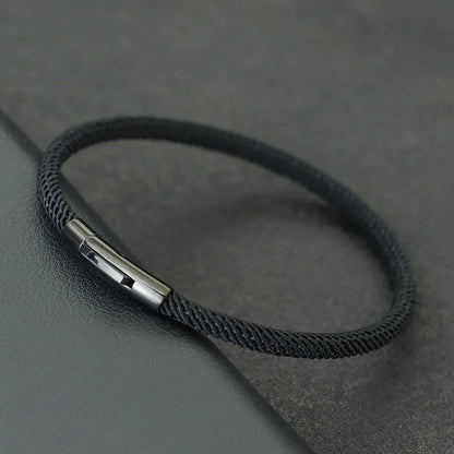 Minimalist Braided Fabric Bracelet with Secure Stainless Steel Snap Clasp Bangle, Custom Fit Black Woven Lucky Protection Jewelry Gift