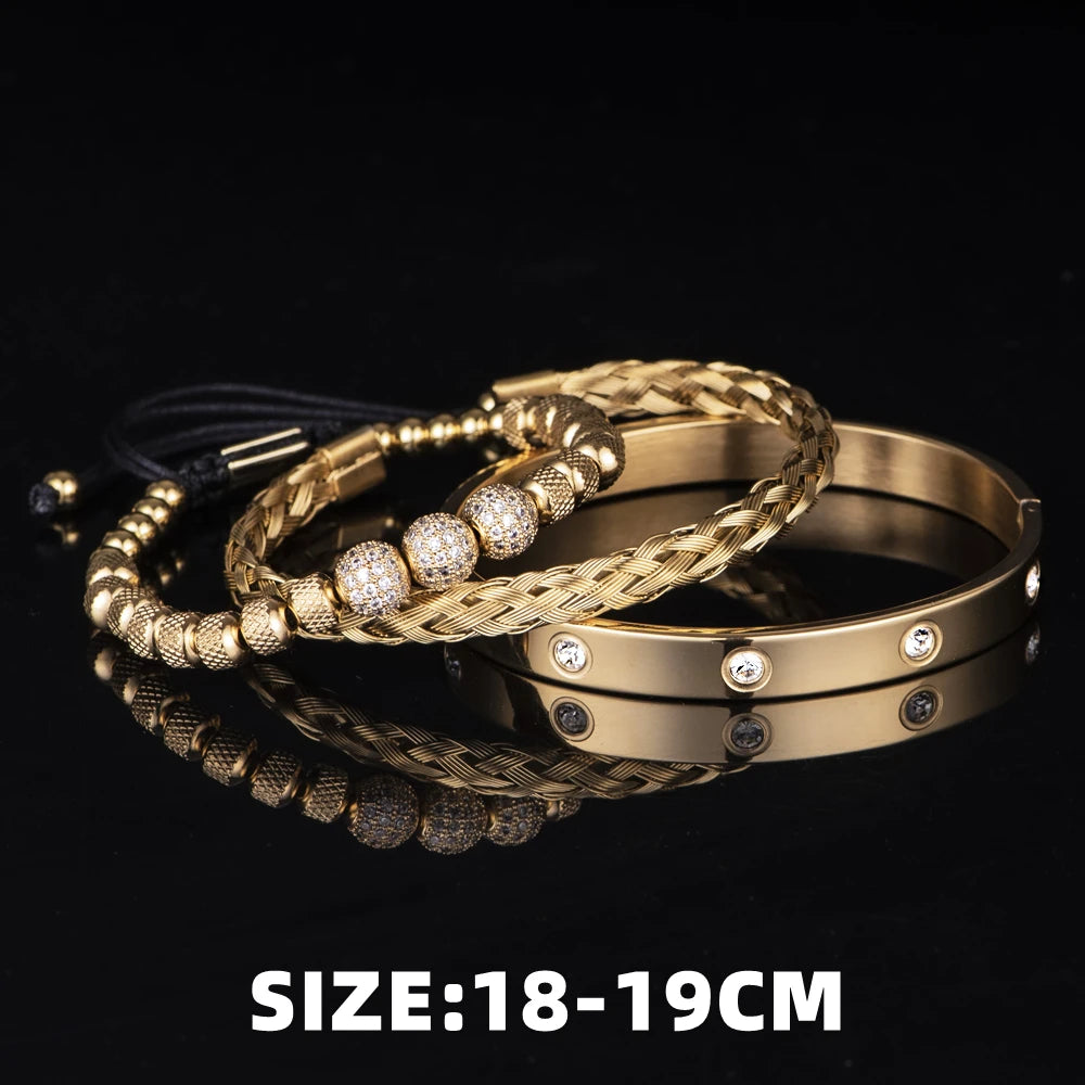 Luxurious Set: 3pcs Micro Pave CZ Round Beads Royal Charm Men's Bracelets - Stainless Steel Crystals Bangles, Couple's Handmade Jewelry Gift - Man Gifts Shop