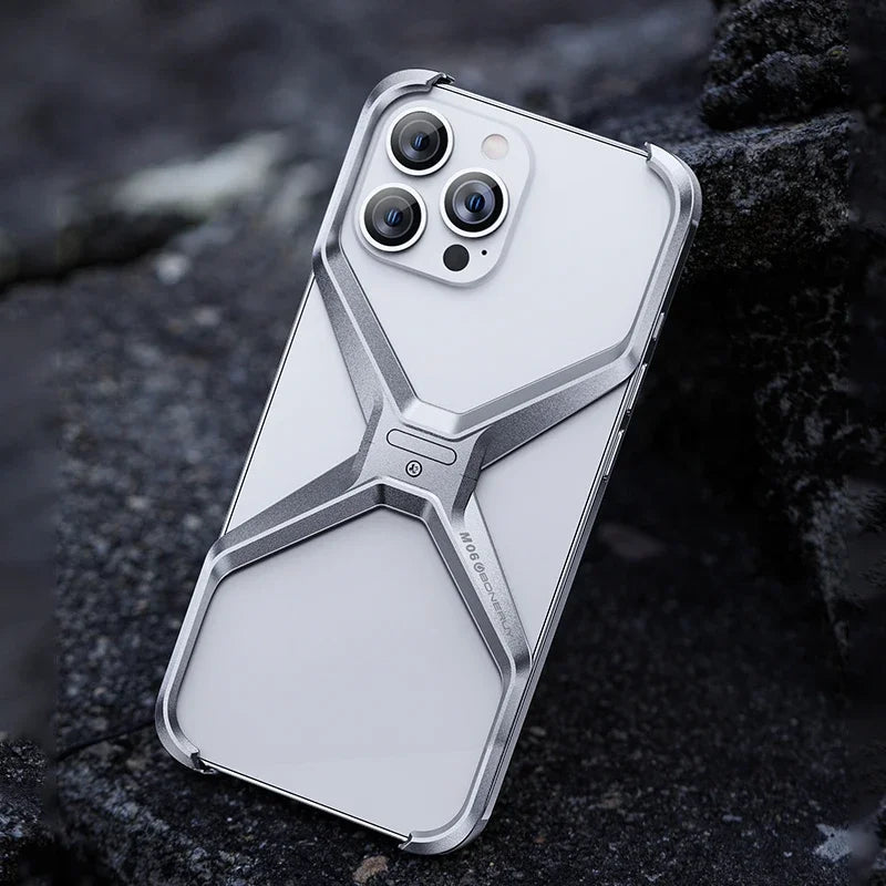 Metal Rimless Phone Case for iPhone 13, 14, 15, 16 Pro Max – Heat Dissipating Aluminum Armor Cover