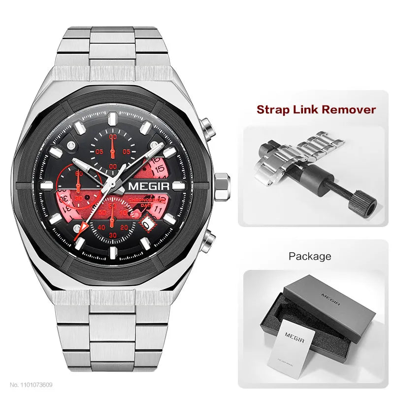 Original MEGIR Silver Quartz Stainless Steel Strap Watch with Chronograph - Man Gifts Shop