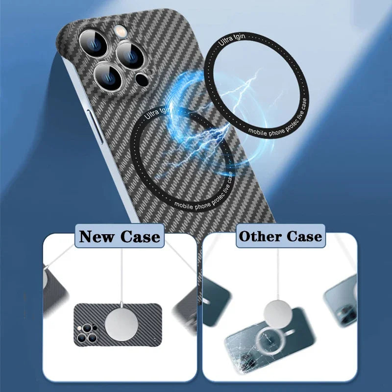 Ultra Thin Carbon Fiber Magnetic Case for iPhone 16 15 ProMax 14 Plus 13 12 11 Pro Max Magsafe Wireless Charging Frameless Cover