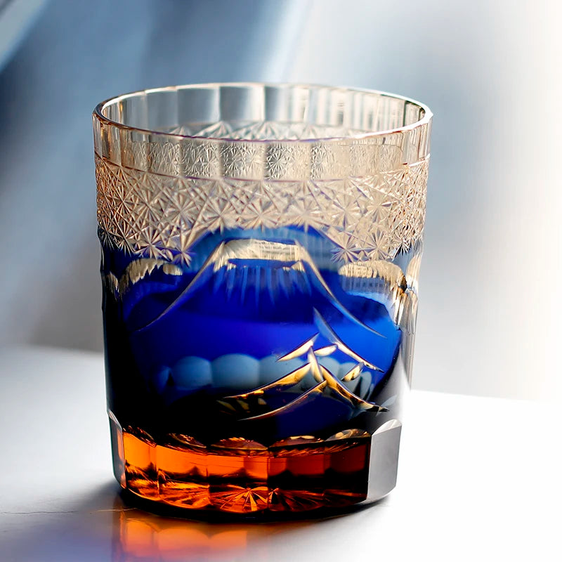 MGS Japanese Edo Kiriko Fuji Mountain Hand Cut Whiskey Glass 9oz With Gift Box