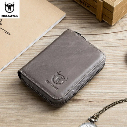 BULLCAPTAIN Genuine Leather RFID Zipper Card Holder Wallet for Men