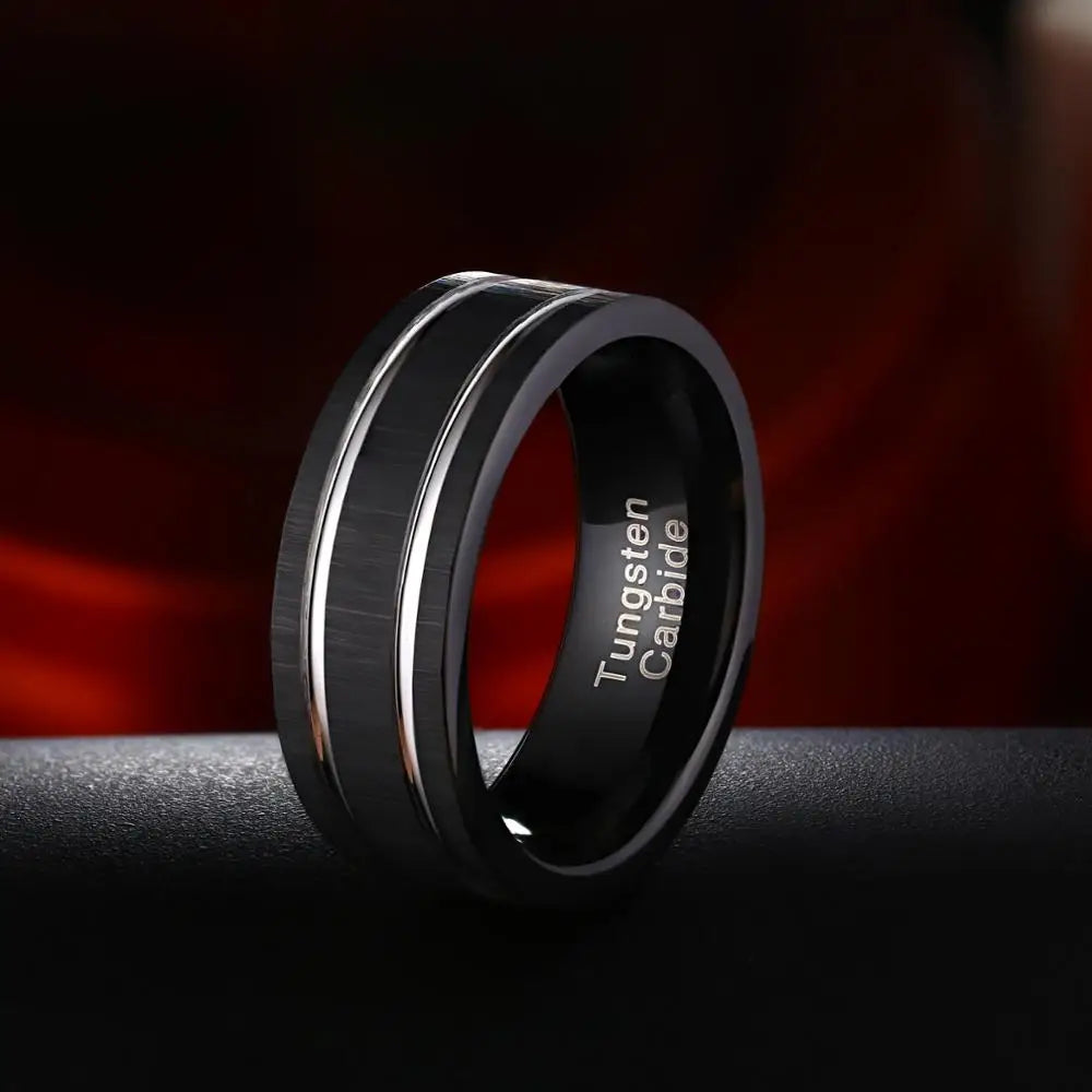 MGS Black Tungsten Carbide Men's Wedding Band with Silver Groove, Matte Brushed Finish - Sizes 8-13 - Man Gifts Shop