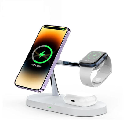 3-in-1 Magnetic Wireless Charger Stand for iPhone 12-15, Apple Watch 5-9, AirPods Pro – Fast Charging Station with LED Light