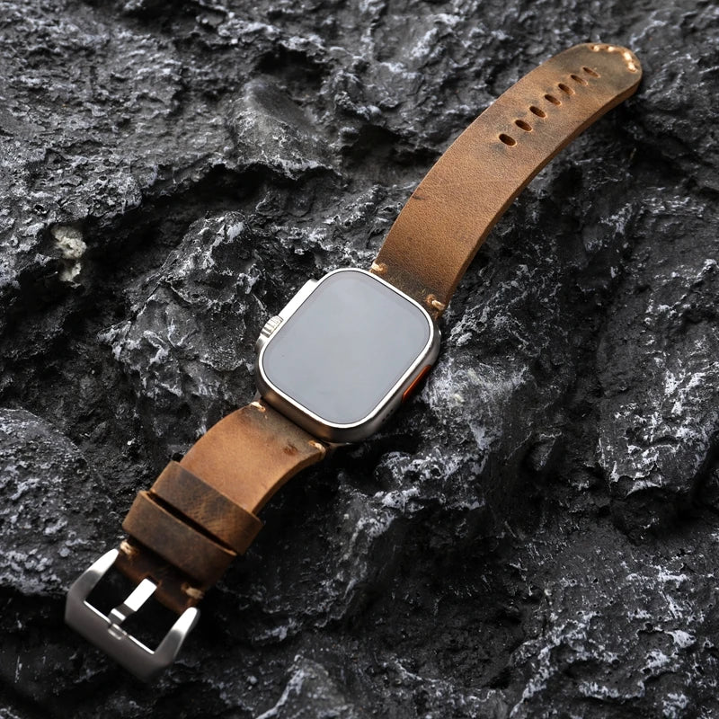 Handmade Cowhide Leather Watchband For Apple Watch 8/7 Ultra Strap 45 49MM