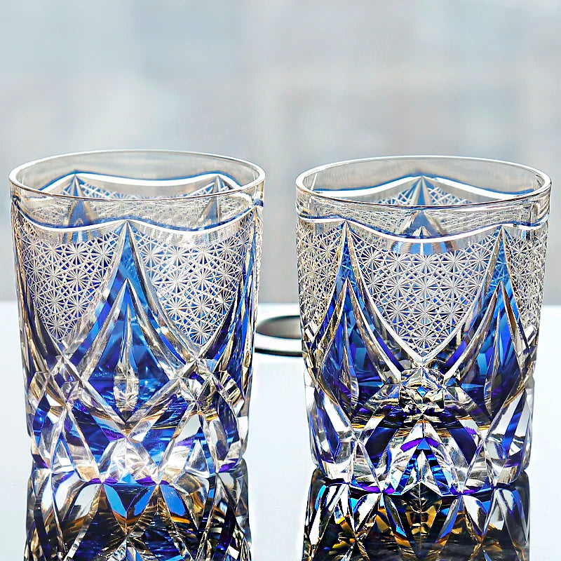 MGS Limited Edition Japanese Edo Kiriko Type Glass Manual Cut Clear Blue Crystal 7.4oz Whisky Glass