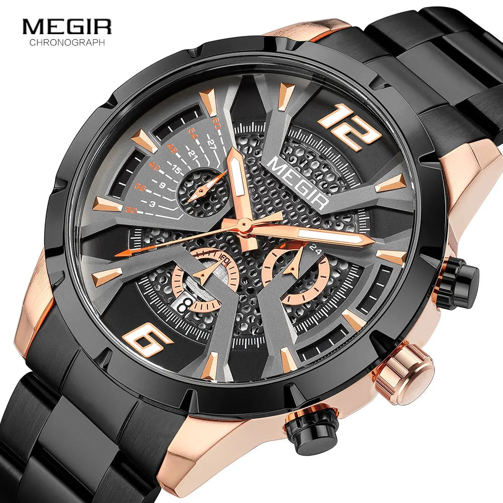 Original MEGIR Black Stainless Steel Fashion Sport Chronograph Quartz Watch - Man Gifts Shop