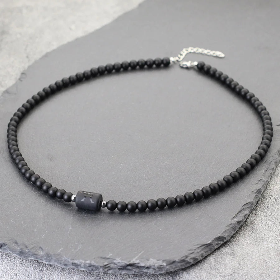 Black Onyx 12 Constellations Necklace for Men, 19 Inch Choker with Stainless Steel Buckle