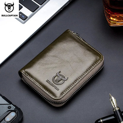 BULLCAPTAIN Genuine Leather RFID Zipper Card Holder Wallet for Men
