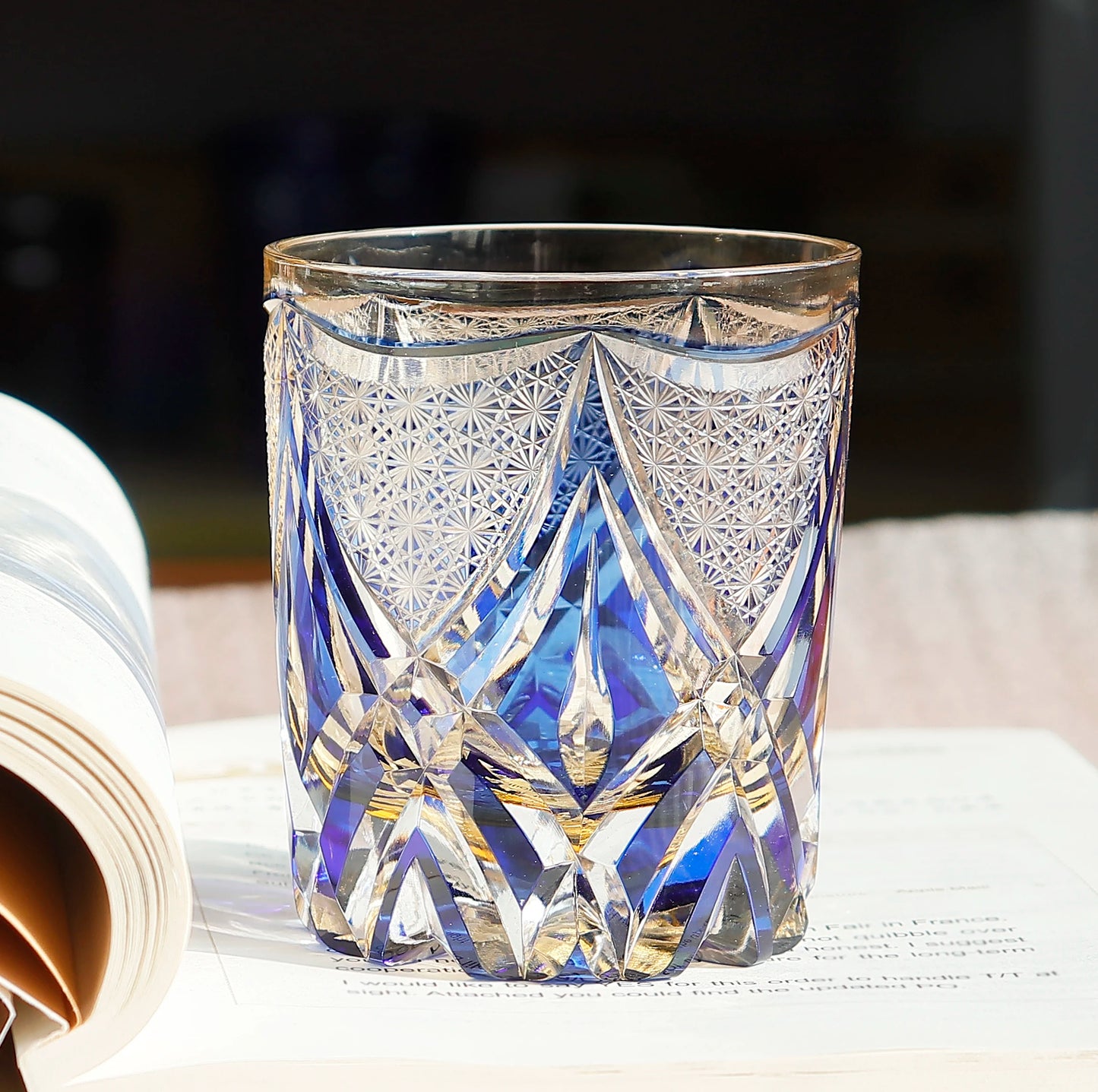 MGS Limited Edition Japanese Edo Kiriko Type Glass Manual Cut Clear Blue Crystal 7.4oz Whisky Glass