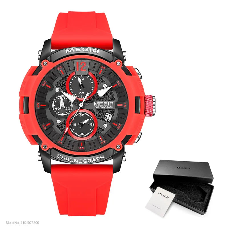 Original MEGIR Sport Luminous Chronograph Quartz Wristwatch with Auto Date Silicone Strap - Man Gifts Shop