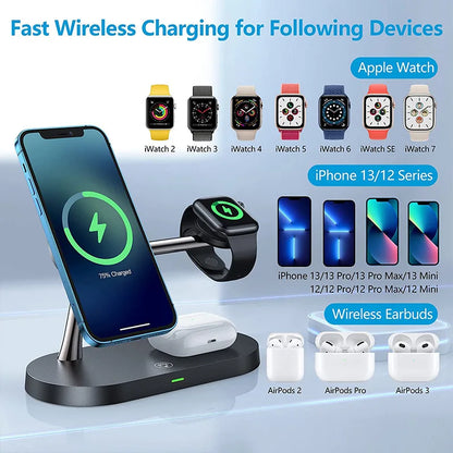 3-in-1 Magnetic Wireless Charger Stand for iPhone 12-15, Apple Watch 5-9, AirPods Pro – Fast Charging Station with LED Light