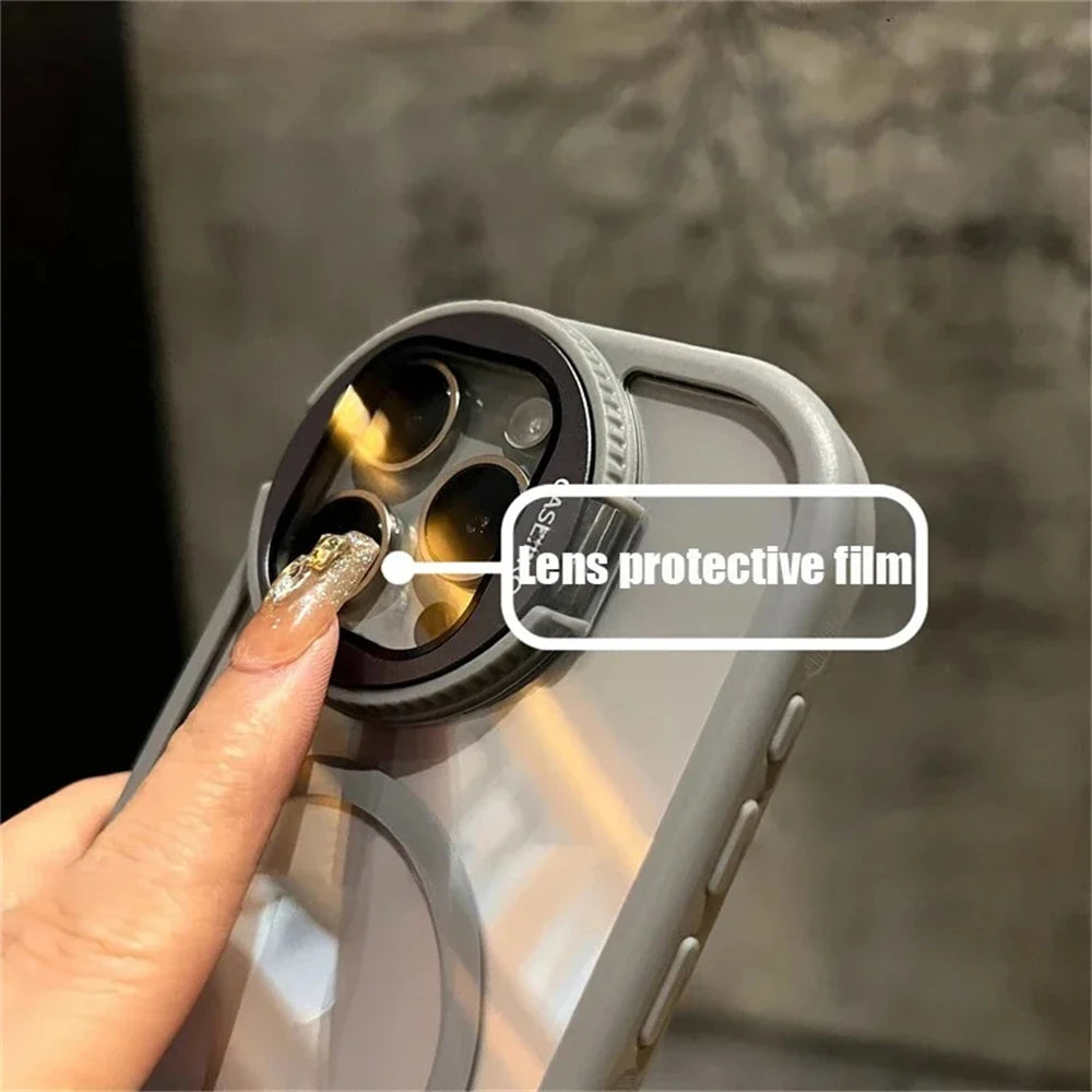 MagSafe-Compatible iPhone Case – Camera Lens Protection Flip Stand, Transparent & Shockproof