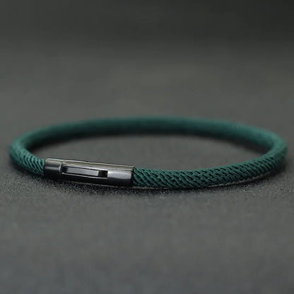 Minimalist Braided Fabric Bracelet with Secure Stainless Steel Snap Clasp Bangle, Custom Fit Green Woven Lucky Protection Jewelry Gift