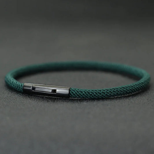 Minimalist Braided Fabric Bracelet with Secure Stainless Steel Snap Clasp Bangle, Custom Fit Green Woven Lucky Protection Jewelry Gift