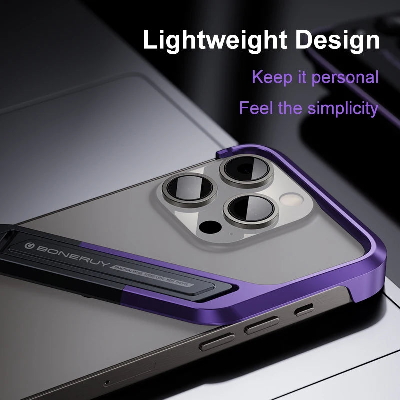 Luxury Metal Phone Case for iPhone 14/15 Pro Max – S-Shaped Aluminum Alloy Rimless Cover with Hidden Stand