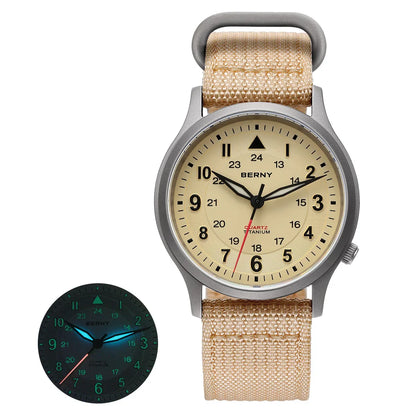 BERNY Men's Titanium Pilot Watch – Classic Field Quartz Wristwatch with Super Luminous Dial, Sapphire Crystal, 5ATM Water Resistant