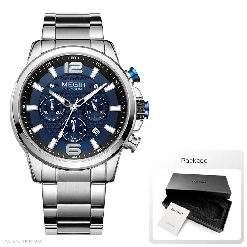 Original MEGIR 2020 Luxury Watch Stainless Steel Waterproof Luminous Blue Sports Chronograph Quartz - Man Gifts Shop