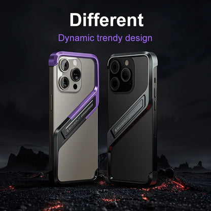 Luxury Metal Phone Case for iPhone 14/15 Pro Max – S-Shaped Aluminum Alloy Rimless Cover with Hidden Stand