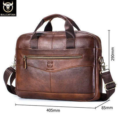 Original BULLCAPTAIN Men's Genuine Leather Laptop Briefcase – 14" Business Messenger Bag