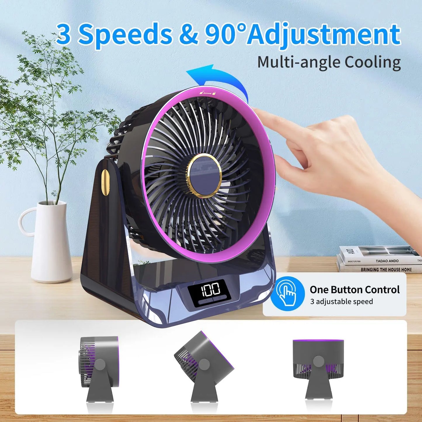 Quiet 28dB Table Air Circulator Fan - 90° Adjustable, Strong Airflow for Home & Office