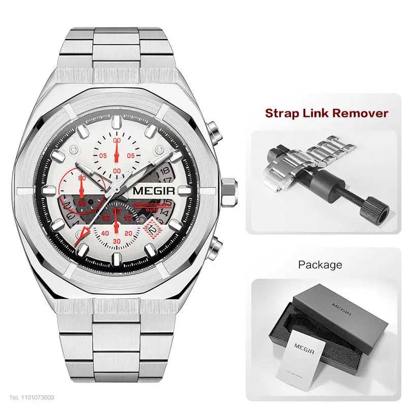 Original MEGIR Silver Quartz Stainless Steel Strap Watch with Chronograph - Man Gifts Shop