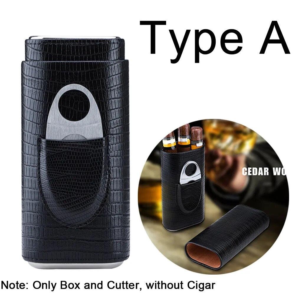 Cowhide Leather Three-Finger Portable Cigar Case with Silver Cigar Cutter - Man Gifts Shop