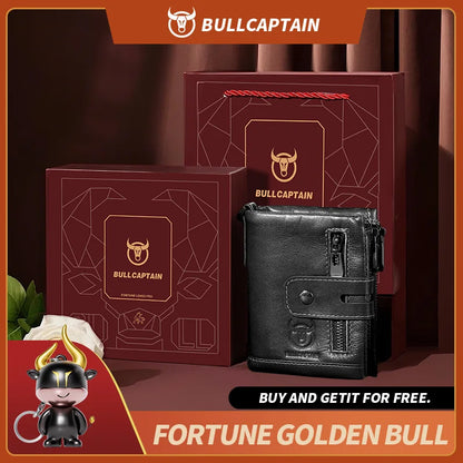 Original Bullcaptain Men’s Genuine Leather RFID Wallet with Chain and Travel-Ready Design