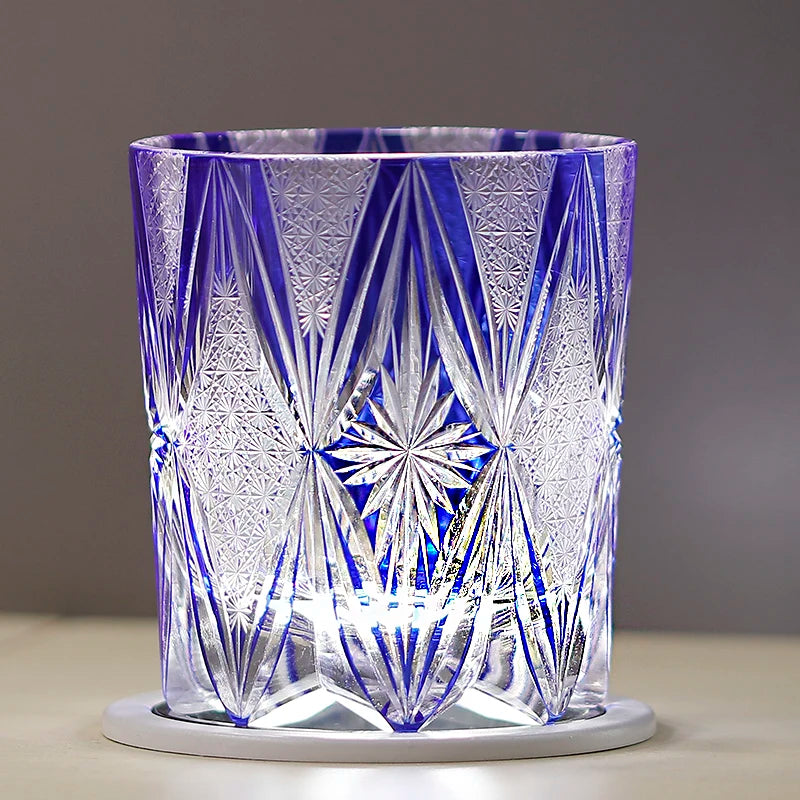 MGS Luxury Japanese Edo Kiriko Style Blue Colored Cut Whiskey Glass