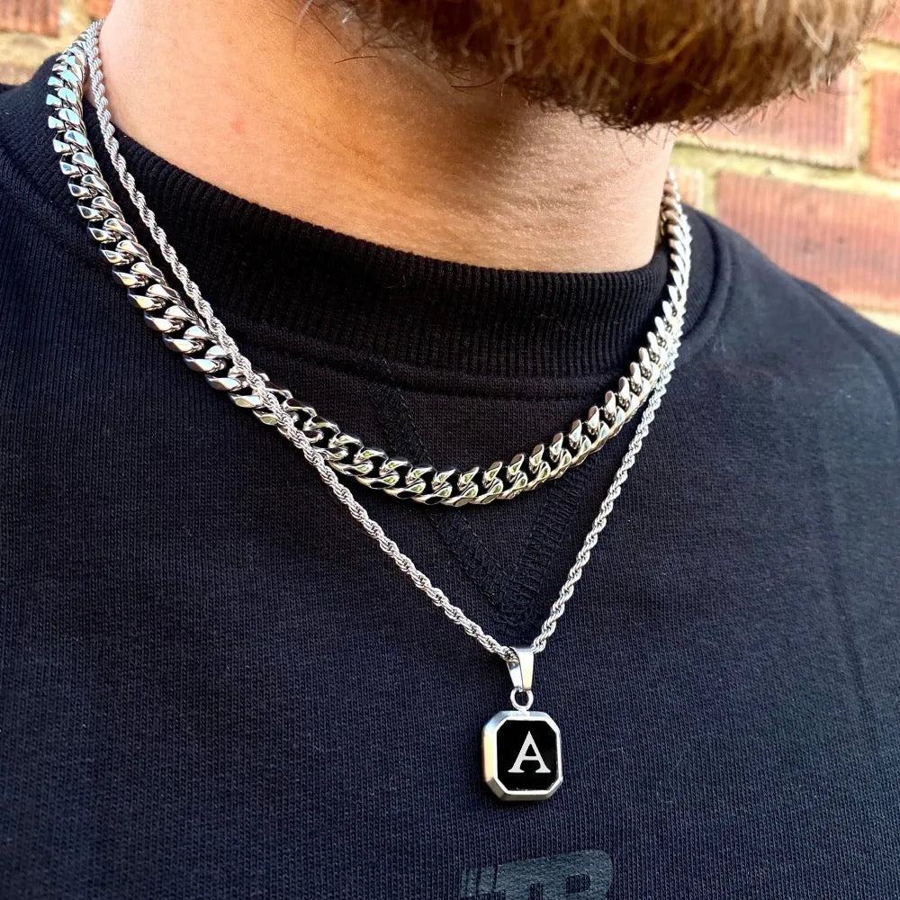 MGS Stainless Steel Square Simple Collar with A-Z Initial Letters Men Necklaces - Man Gifts Shop