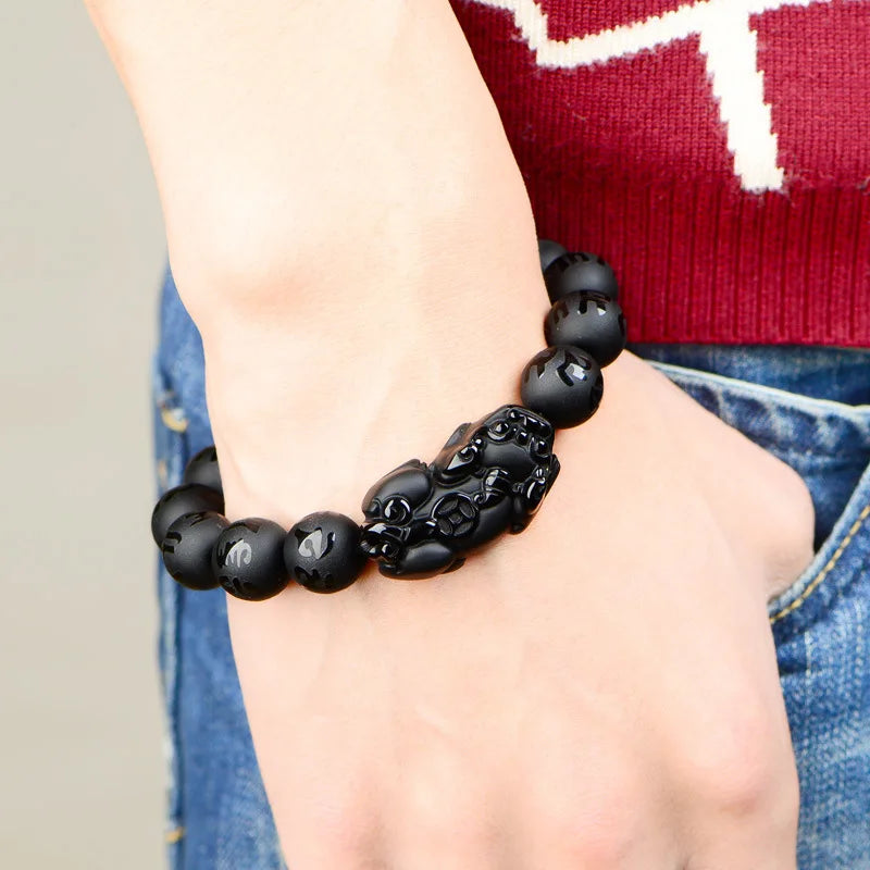 MGS Natural Obsidian Fengshui Pixiu Beaded Bracelet for Men