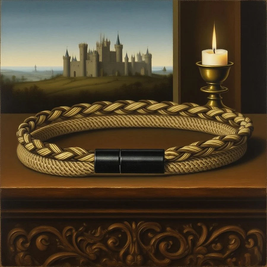 Braided rope bracelet with black clasp on a wooden surface, castle in the background