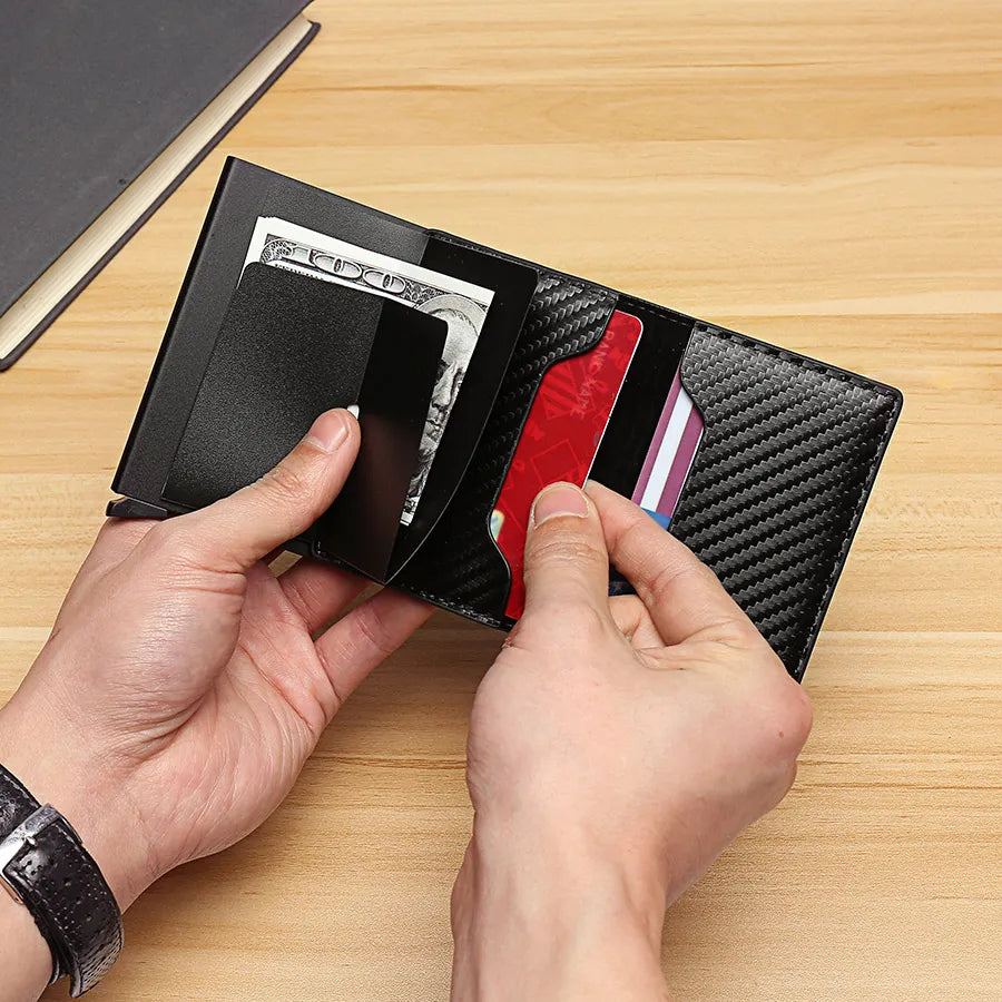 Carbon Fiber Pattern Slim Aluminum ID Credit Card Holder Automatic Pop up RFID Block Men Wallet