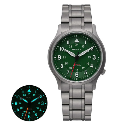 BERNY Men's Titanium Pilot Watch – Classic Field Quartz Wristwatch with Super Luminous Dial, Sapphire Crystal, 5ATM Water Resistant