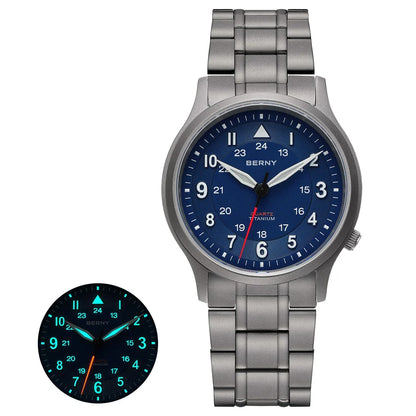 BERNY Men's Titanium Pilot Watch – Classic Field Quartz Wristwatch with Super Luminous Dial, Sapphire Crystal, 5ATM Water Resistant