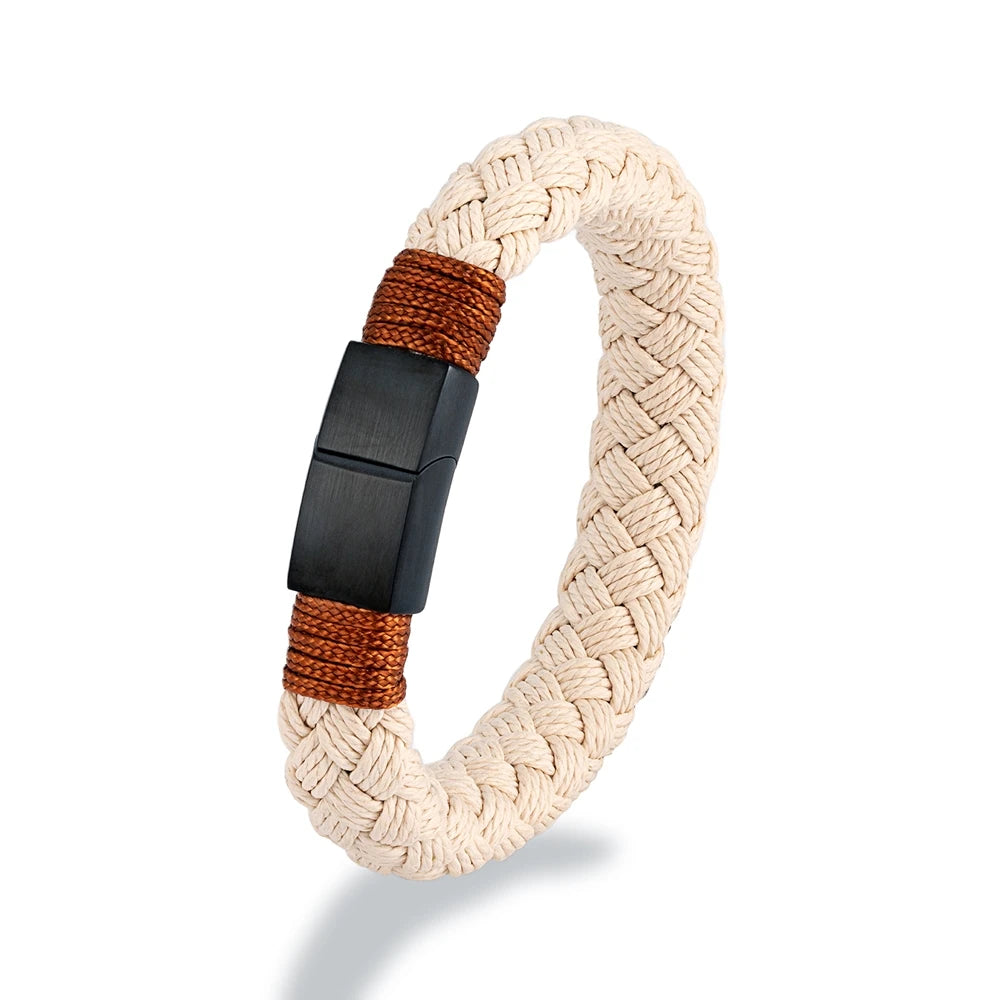 Bracelet with braided design and black and brown accents on a white background