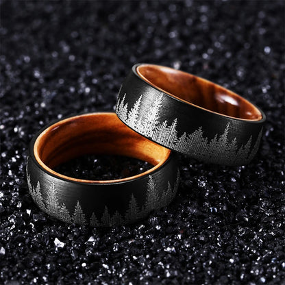 Nature's Symphony: MGS 8mm Tungsten Steel Ring with Laser Forest Pattern and Solid Wood Inner in Black Steel - Man Gifts Shop