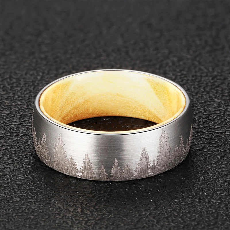 Nature's Symphony: MGS 8mm Tungsten Steel Ring with Laser Forest Pattern and Solid Wood Inner in Black Steel - Man Gifts Shop