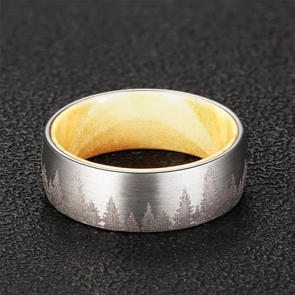 Nature's Symphony: MGS 8mm Tungsten Steel Ring with Laser Forest Pattern and Solid Wood Inner in Black Steel - Man Gifts Shop