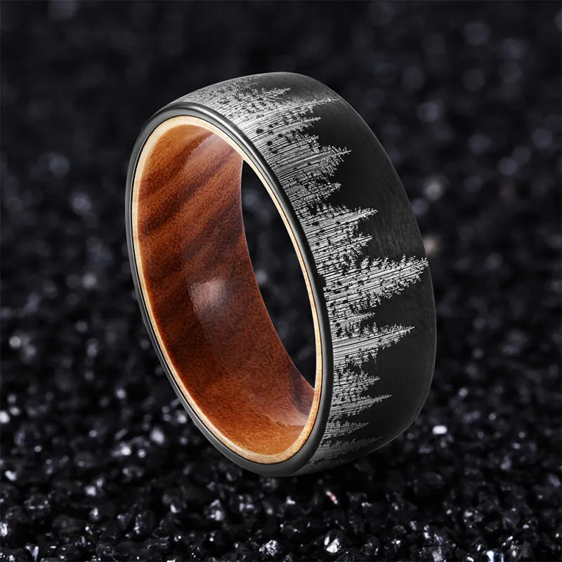 Nature's Symphony: MGS 8mm Tungsten Steel Ring with Laser Forest Pattern and Solid Wood Inner in Black Steel - Man Gifts Shop